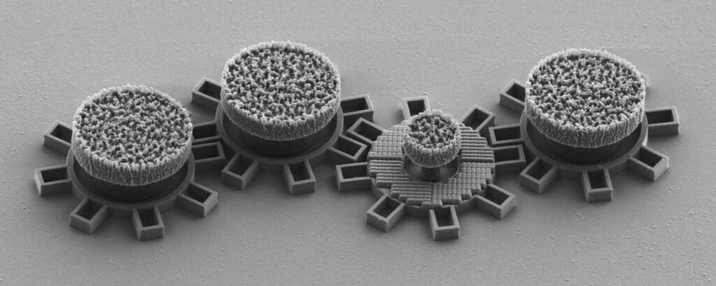 The second gear from the right has an optical metamaterial that react to laserlight and makes the gear move. All gears are made in silica directly on a chip. Each gear is about 0.016 mm in diameter.