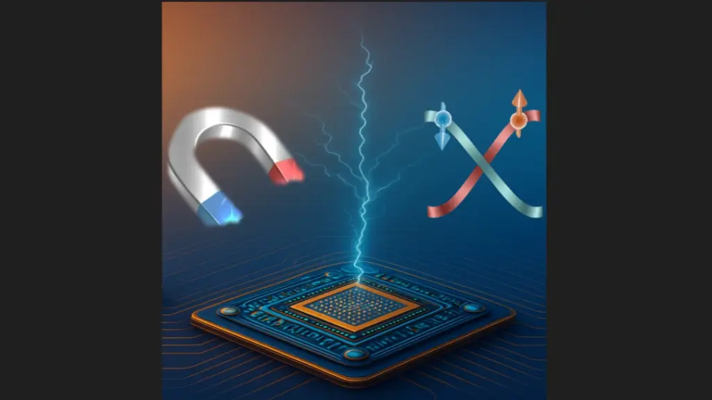 AMSwitch proposed an altermagnetic chip that harnesses a new class of quantum magnetic materials called altermagnets, distinguished by their alternating and huge spin-split electronic states. The schematics depict the chip alongside a magnet (left) and a band structure (right) revealing a pronounced spin splitting between the up-spin (red) and down-spin (blue) electronic bands.