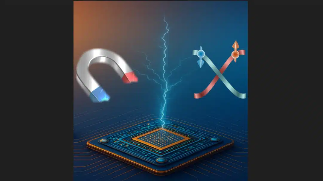 AMSwitch proposed an altermagnetic chip that harnesses a new class of quantum magnetic materials called altermagnets, distinguished by their alternating and huge spin-split electronic states. The schematics depict the chip alongside a magnet (left) and a band structure (right) revealing a pronounced spin splitting between the up-spin (red) and down-spin (blue) electronic bands.