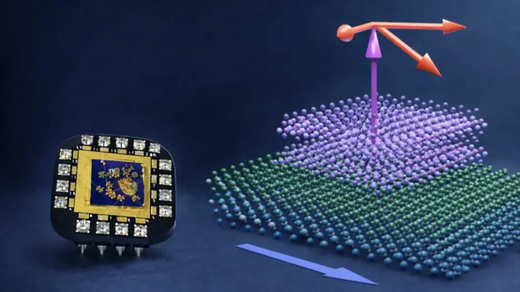 Illustration of the device concept. A memory chip based on stacked quantum materials. By placing a magnetic layer on top of a topological material, the researchers were able to switch magnetization using very small electrical currents and without applying an external magnetic field. Illustration: Lalit Pandey