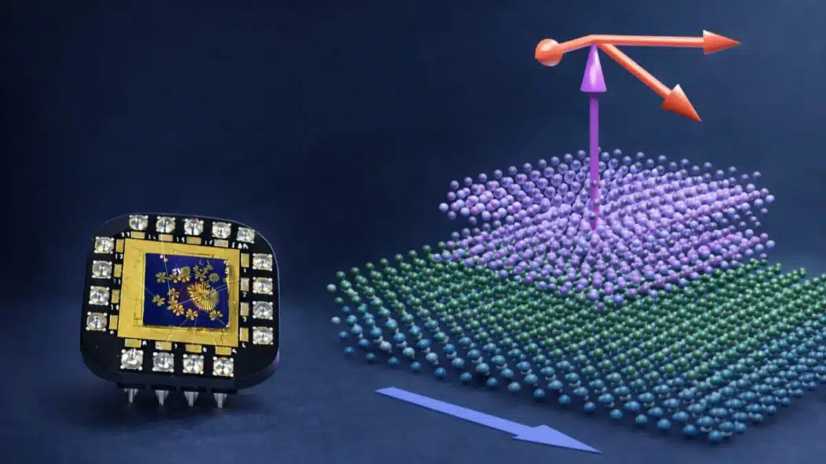 Illustration of the device concept. A memory chip based on stacked quantum materials. By placing a magnetic layer on top of a topological material, the researchers were able to switch magnetization using very small electrical currents and without applying an external magnetic field. Illustration: Lalit Pandey